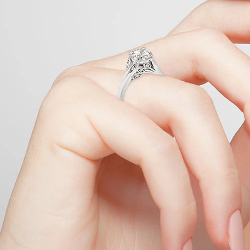 Platinum over Sterling Brilliant White Topaz with Leaf Detail Engraved Wedding Ring - Image 2