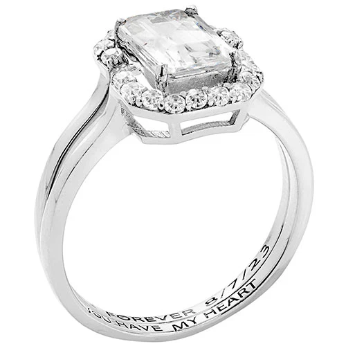 Platinum over Sterling Emerald Cut White Topaz 2 Piece Engraved Wedding Set - Image 2