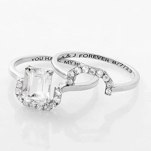 Platinum over Sterling Emerald Cut White Topaz 2 Piece Engraved Wedding Set - Image 4