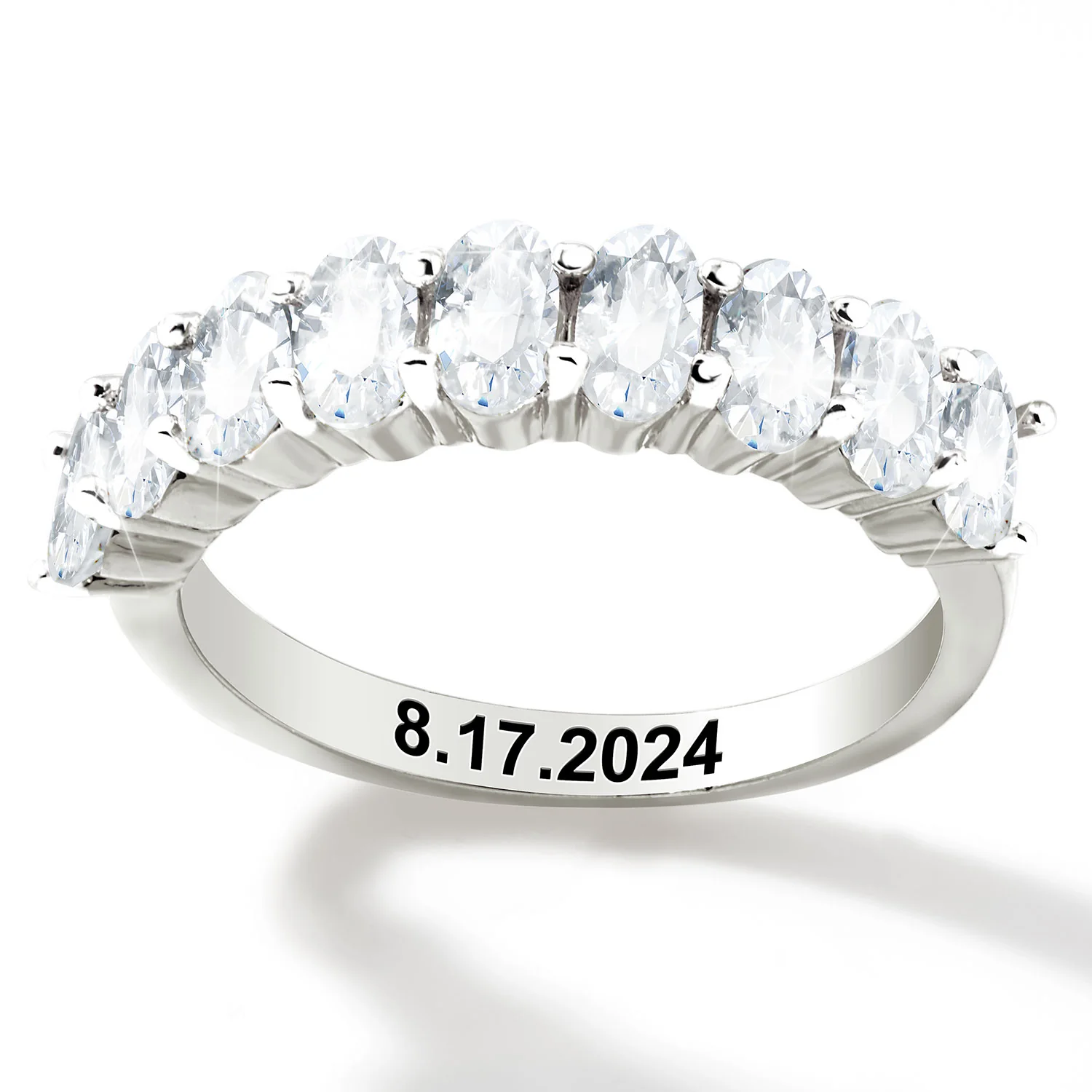 Platinum over Sterling Engraved Oval Half Eternity White Topaz Ring - Image 3