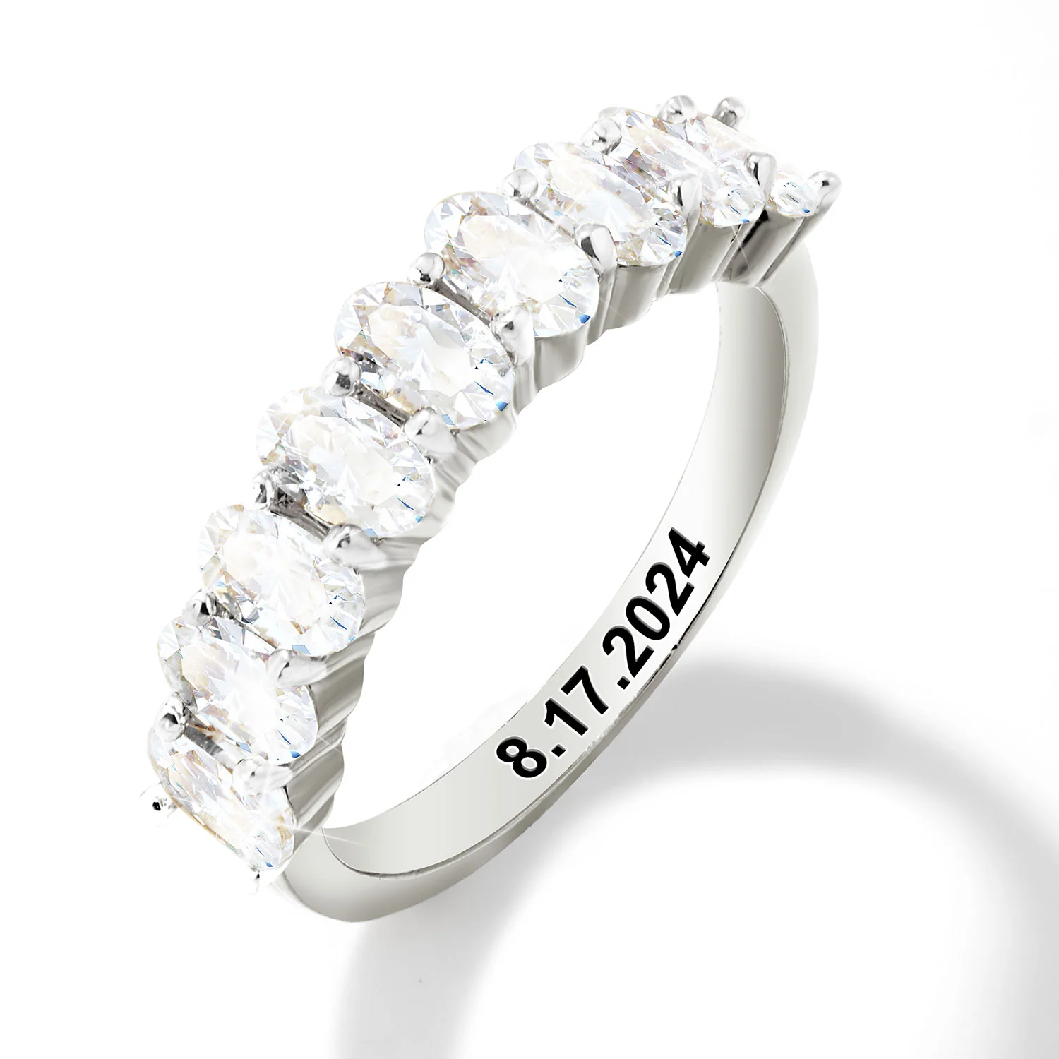 Platinum over Sterling Engraved Oval Half Eternity White Topaz Ring - Image 4