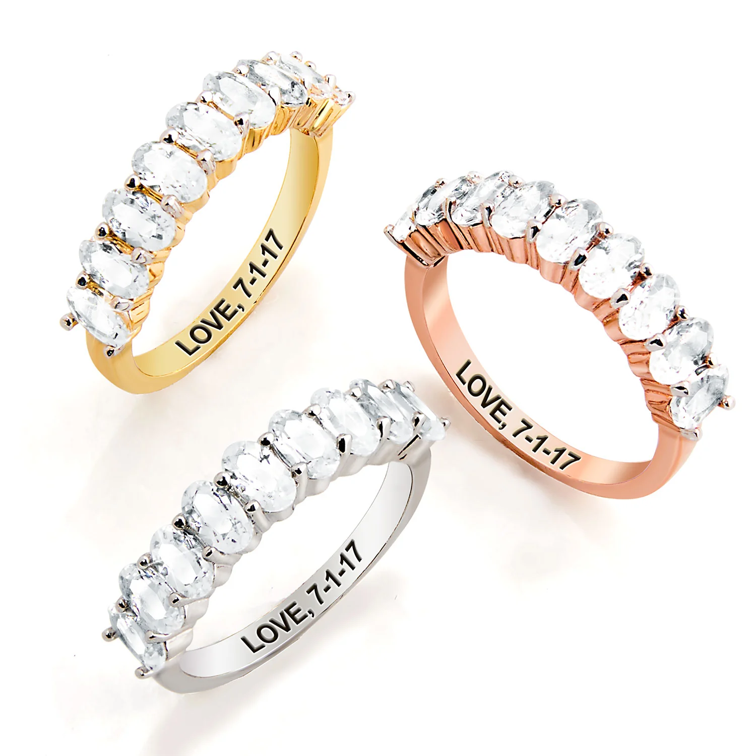 Platinum over Sterling Engraved Oval Half Eternity White Topaz Ring - Image 6