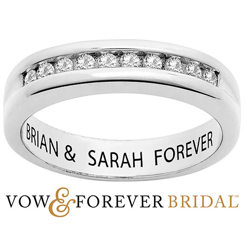 Platinum over Sterling Engraved White Topaz Wedding Band - Image 2