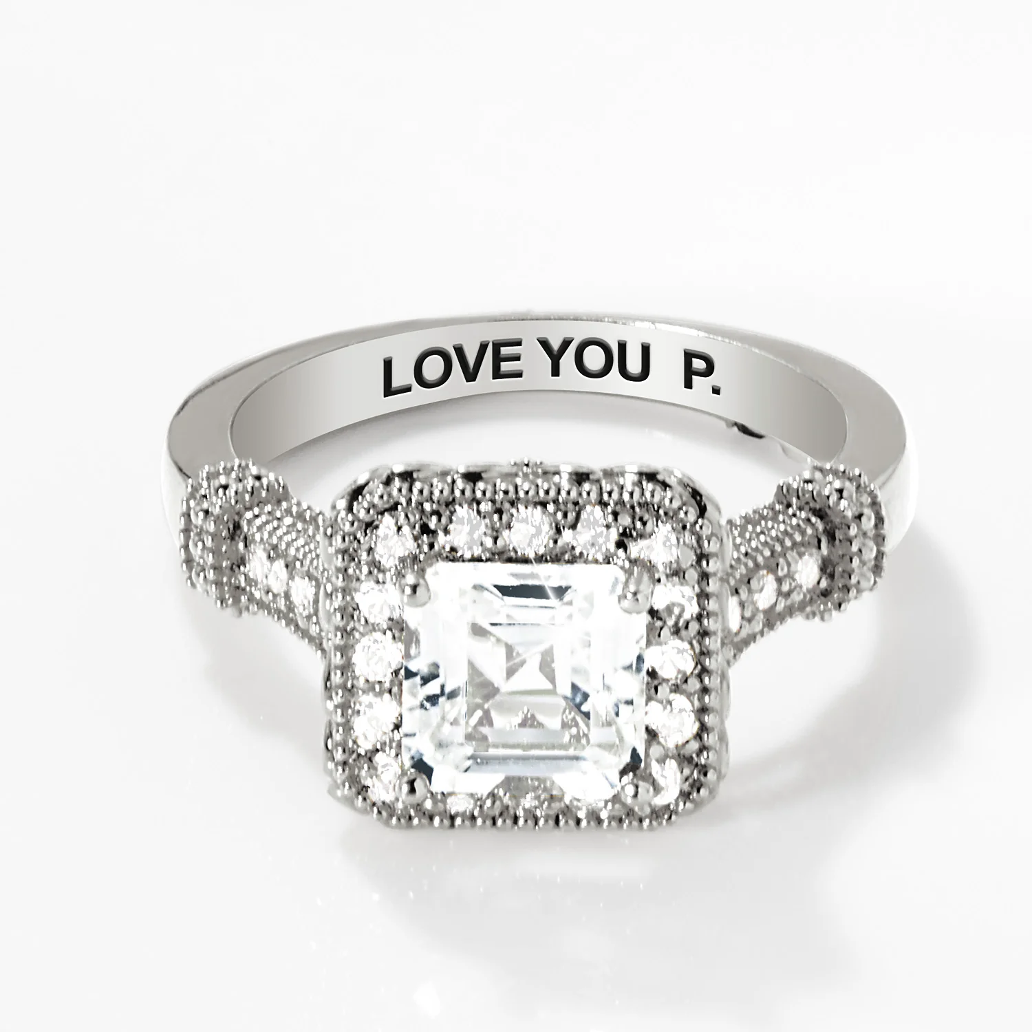 Platinum over Sterling Halo Square White Topaz Vintage Hidden Messages Birthstone Ring
