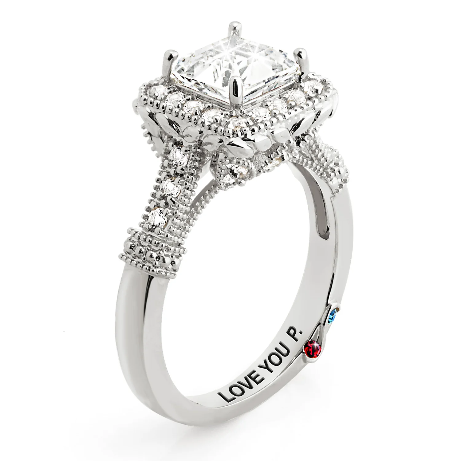 Platinum over Sterling Halo Square White Topaz Vintage Hidden Messages Birthstone Ring - Image 3
