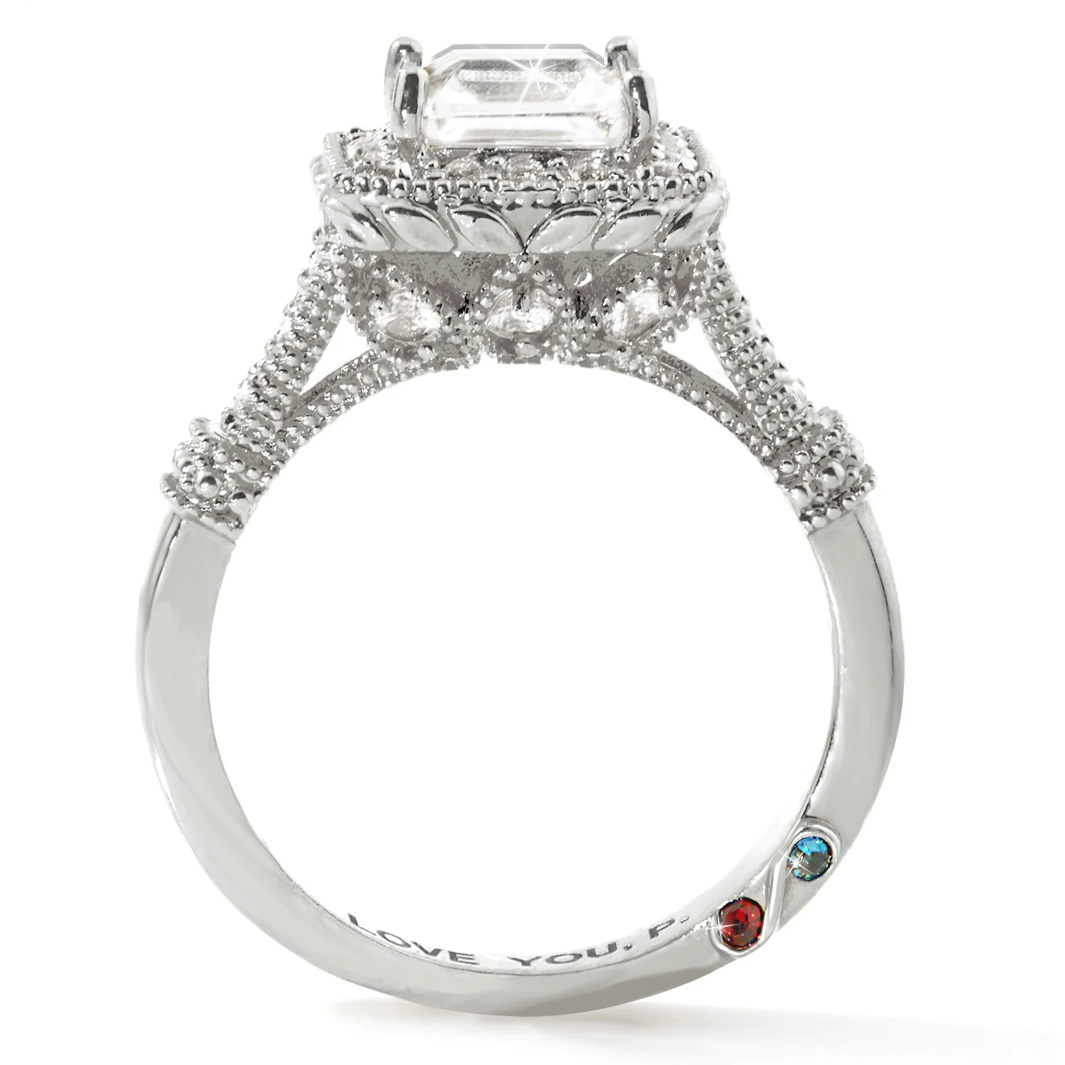 Platinum over Sterling Halo Square White Topaz Vintage Hidden Messages Birthstone Ring - Image 9