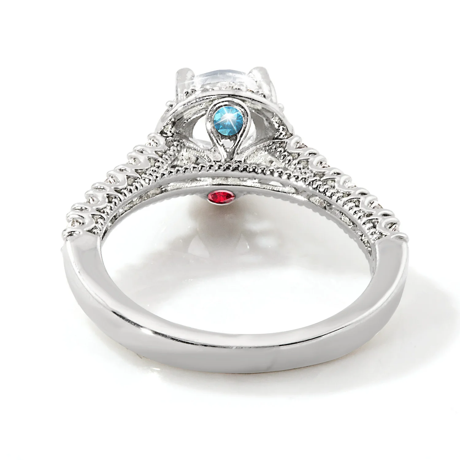 Platinum over Sterling Hidden Halo and Birthstone White Topaz Solitaire Engraved Engagement Ring - Image 3
