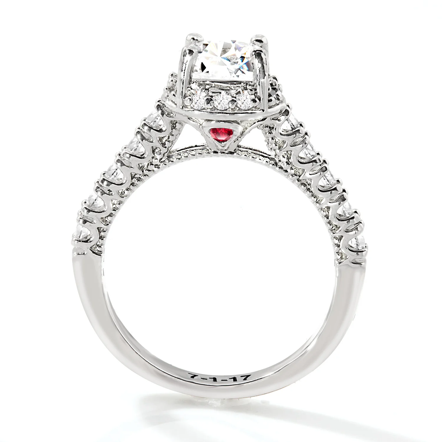 Platinum over Sterling Hidden Halo and Birthstone White Topaz Solitaire Engraved Engagement Ring - Image 4