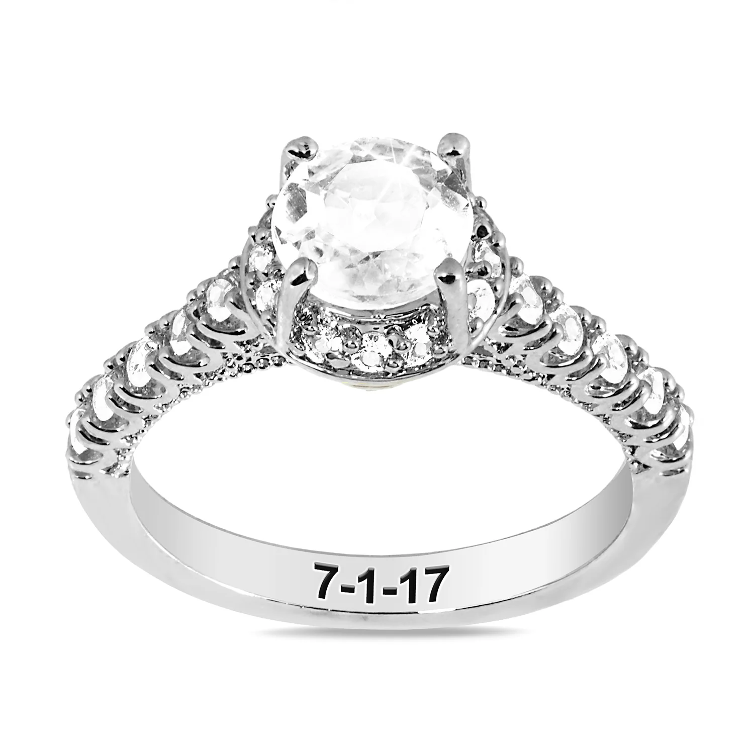Platinum over Sterling Hidden Halo and Birthstone White Topaz Solitaire Engraved Engagement Ring - Image 5
