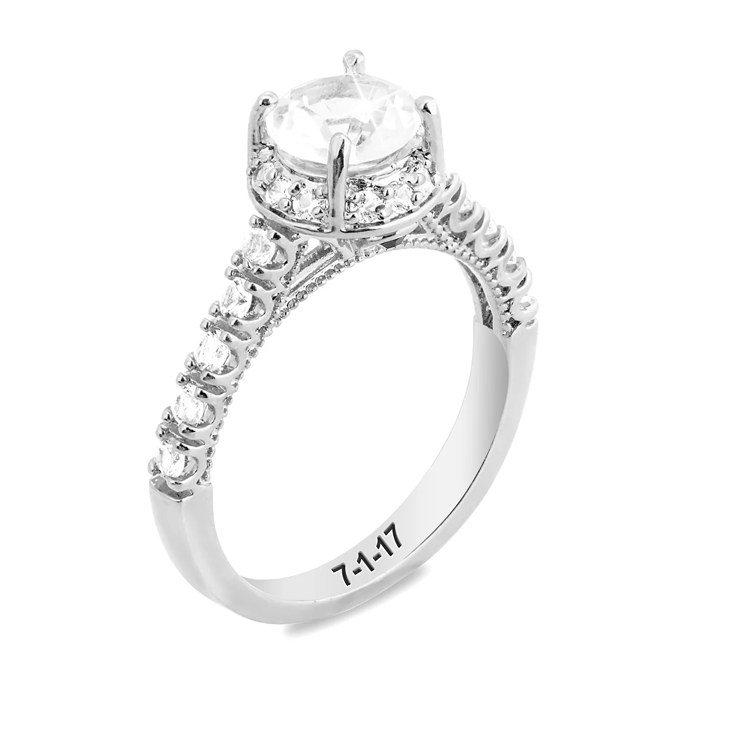 Platinum over Sterling Hidden Halo and Birthstone White Topaz Solitaire Engraved Engagement Ring - Image 6