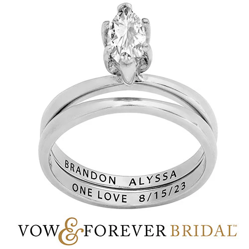 Platinum over Sterling  Marquise White Topaz 2-Piece Engraved Wedding Ring Set