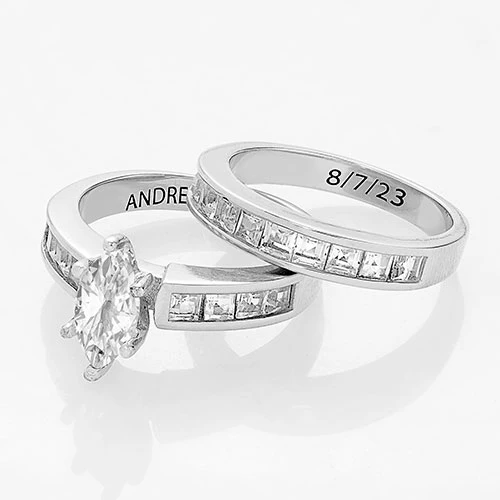 Platinum over Sterling Marquise White Topaz 2 Piece Engraved Wedding Set - Image 4