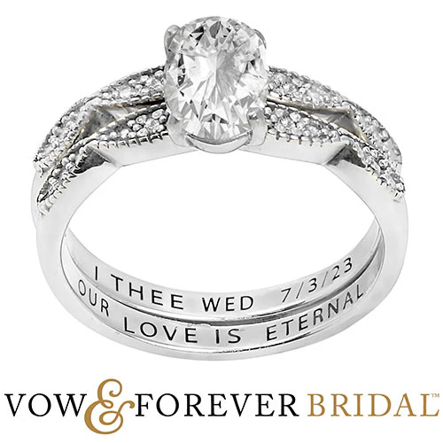 Platinum over Sterling Oval White Topaz Diamond Accent 2-Piece Engraved Wedding Ring Set - Image 2