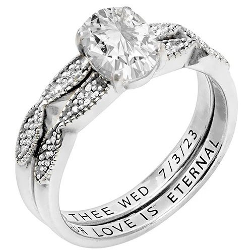 Platinum over Sterling Oval White Topaz Diamond Accent 2-Piece Engraved Wedding Ring Set - Image 3
