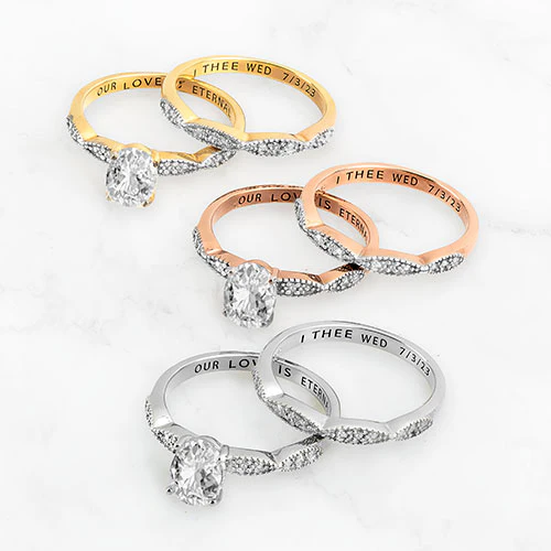 Platinum over Sterling Oval White Topaz Diamond Accent 2-Piece Engraved Wedding Ring Set - Image 6