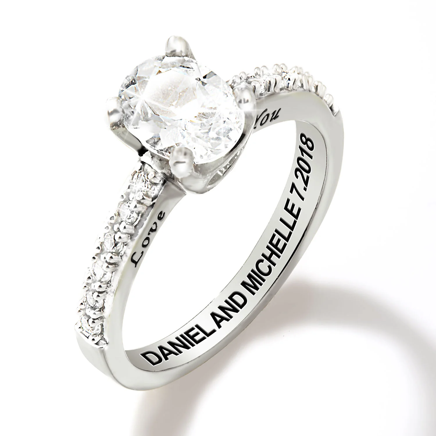 Platinum over Sterling Oval White Topaz Open Heart Engraved Wedding Ring - Image 4