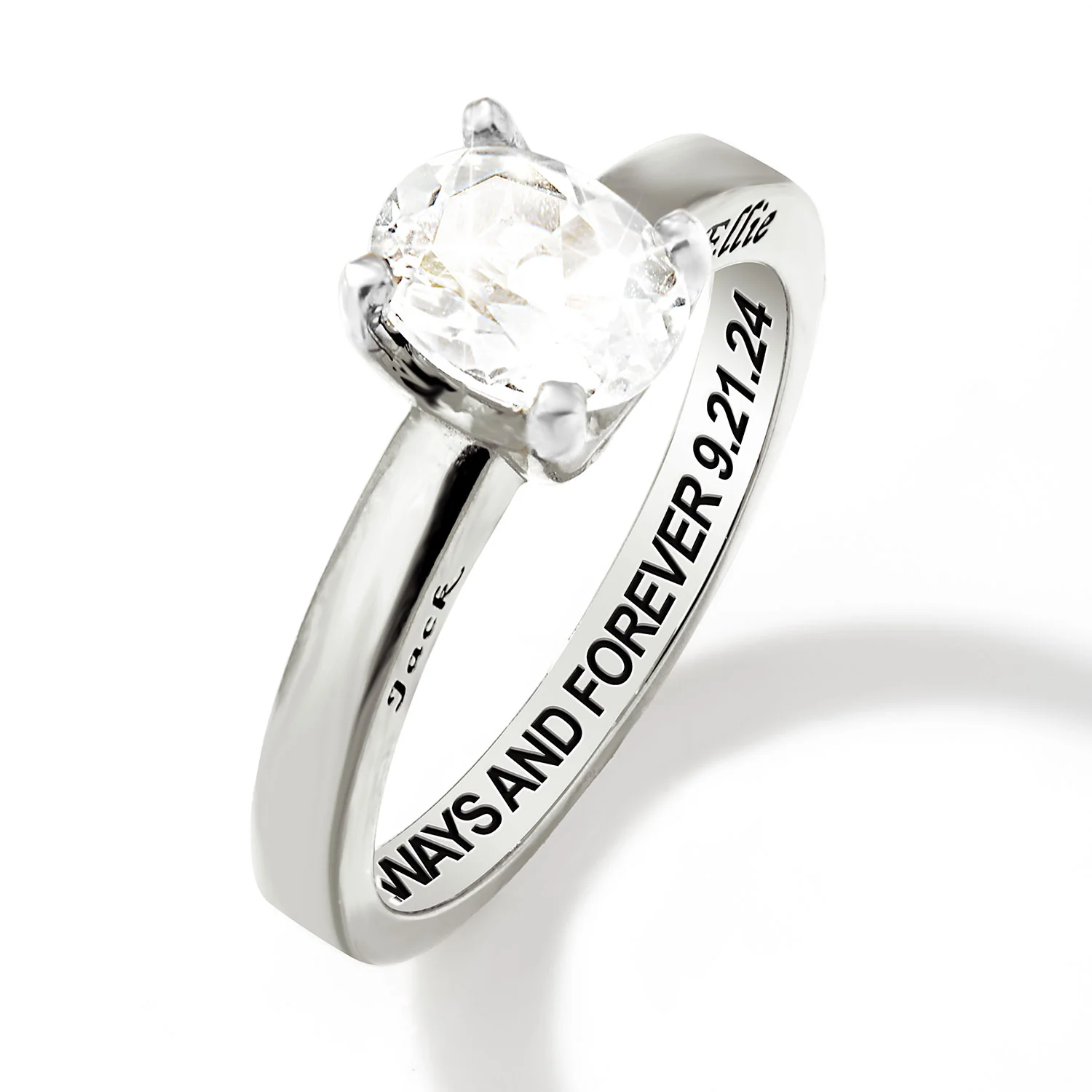 Platinum over Sterling Oval White Topaz Solitaire Open Heart Engraved Wedding Ring - Image 4
