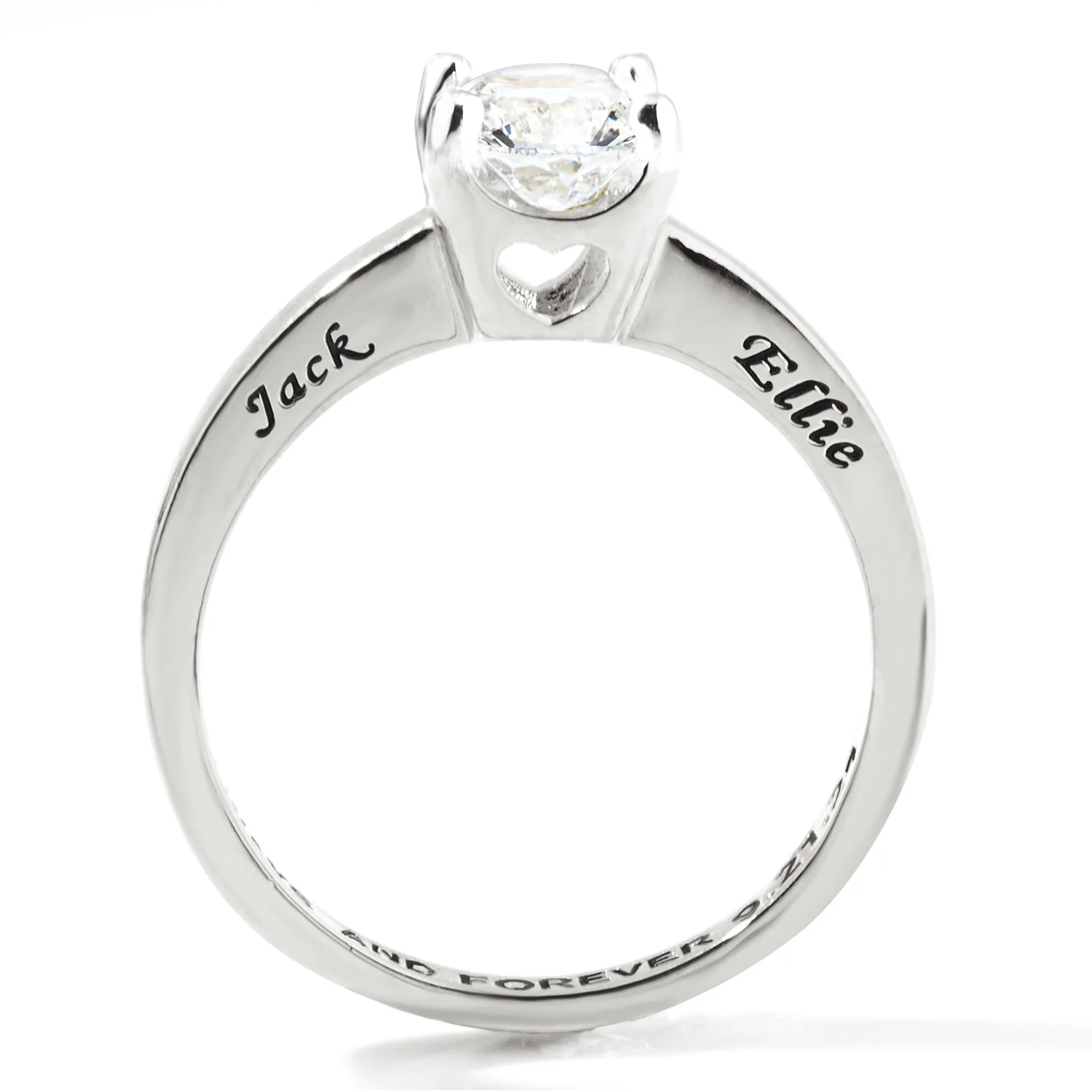 Platinum over Sterling Oval White Topaz Solitaire Open Heart Engraved Wedding Ring - Image 5
