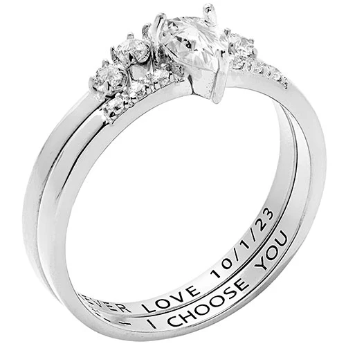 Platinum over Sterling Pear White Topaz 2 Piece Engraved Wedding Set - Image 2