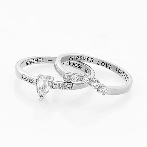 Platinum over Sterling Pear White Topaz 2 Piece Engraved Wedding Set - Image 4