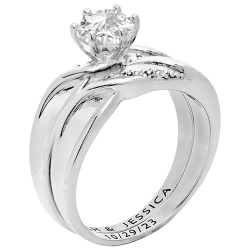 Platinum over Sterling Round White Topaz Diamond Accent 2-Piece Engraved Wedding Ring Set - Image 2