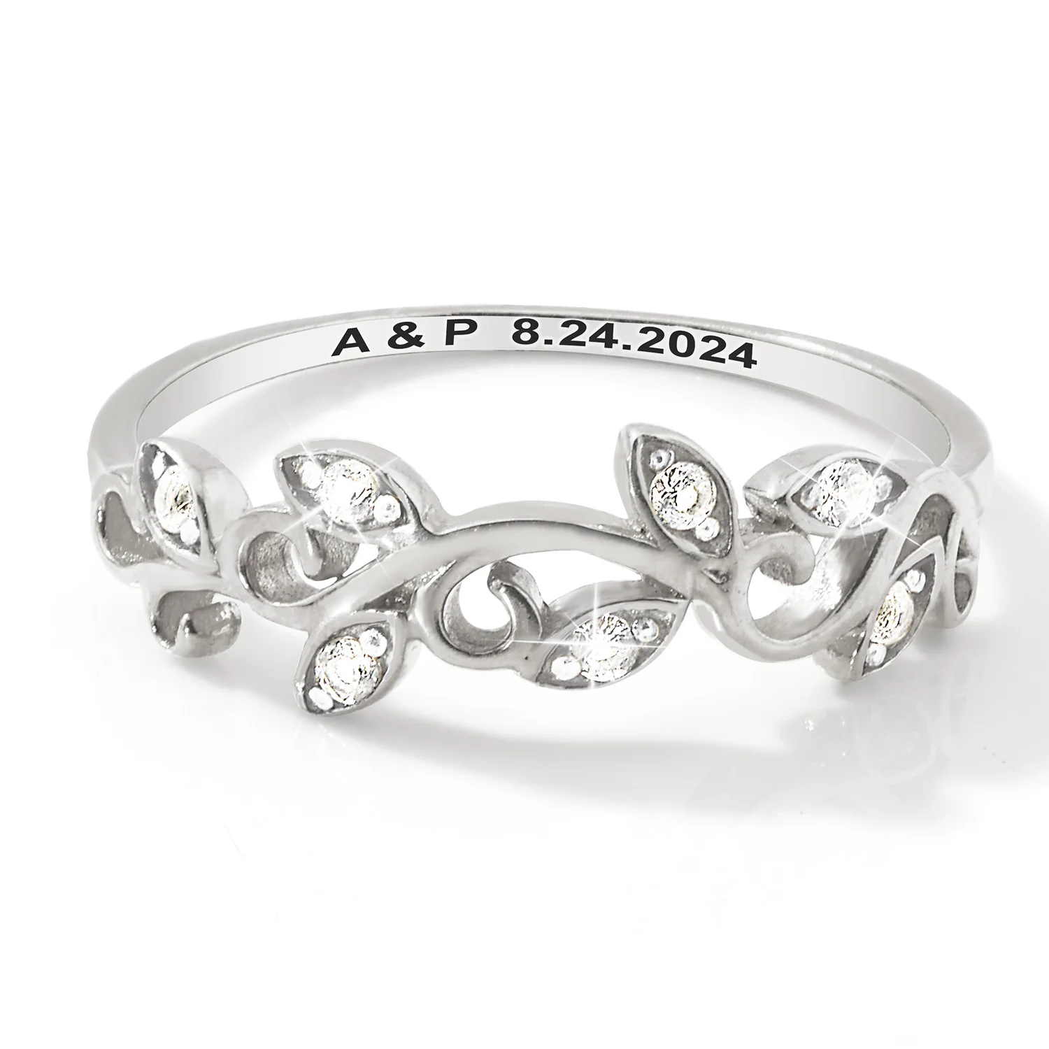 Platinum over Sterling Scroll Leaf White Topaz Band Ring