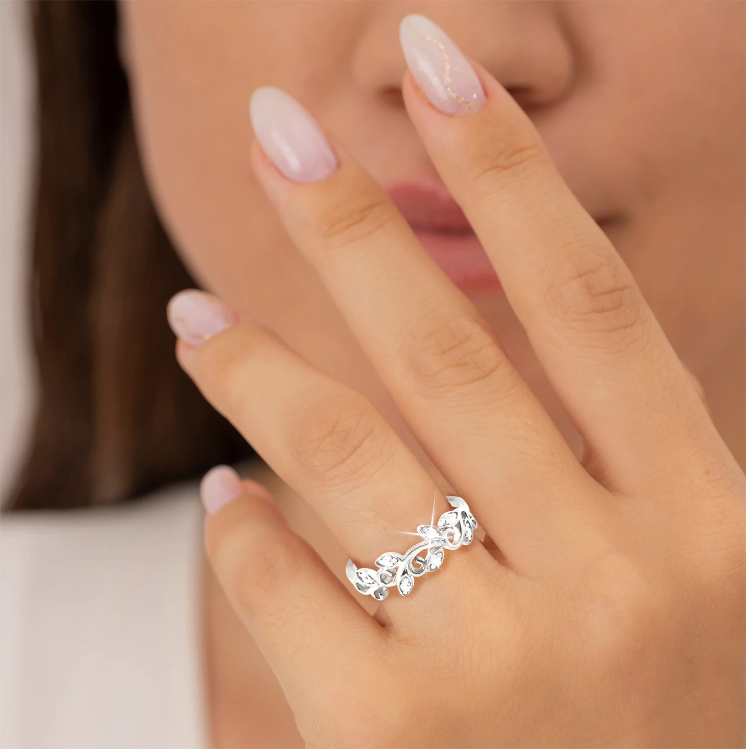 Platinum over Sterling Scroll Leaf White Topaz Band Ring - Image 2
