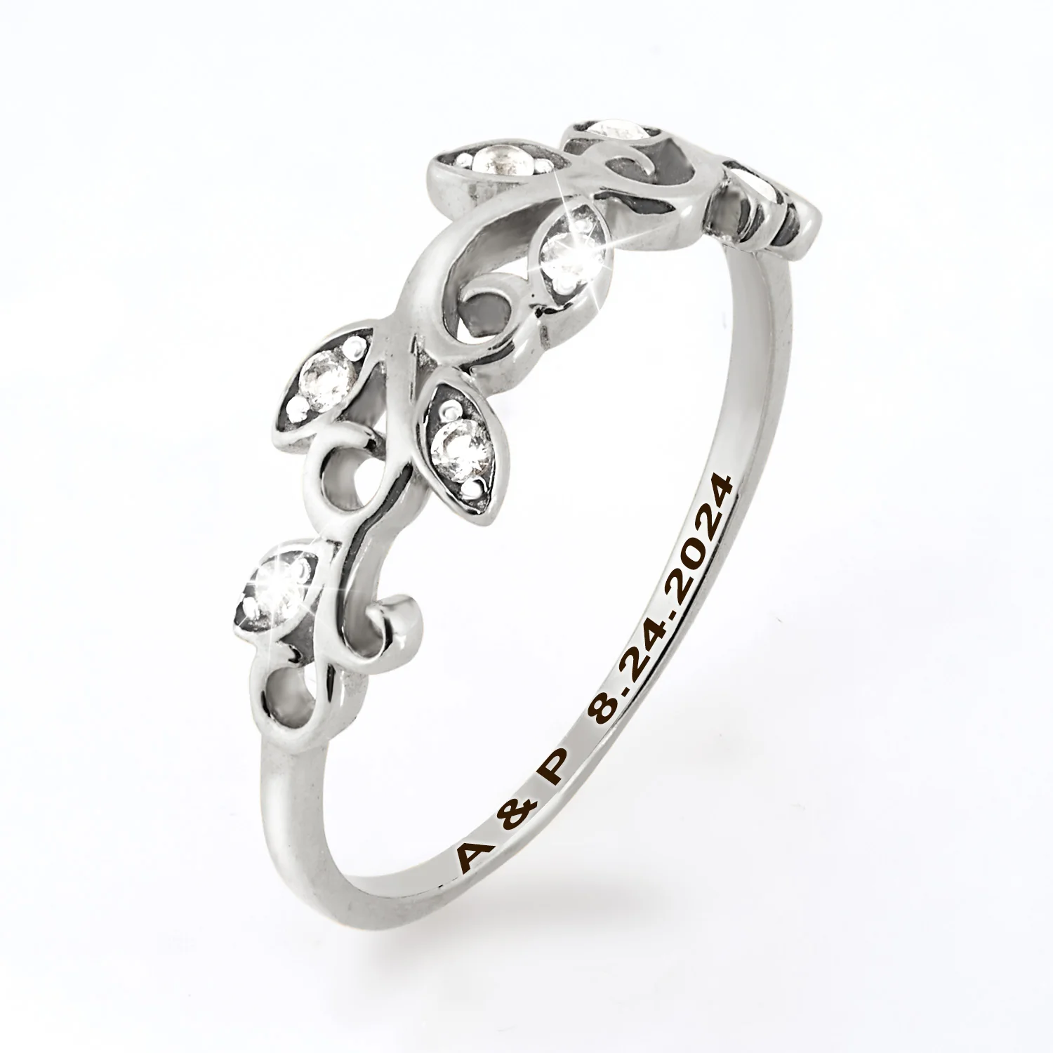 Platinum over Sterling Scroll Leaf White Topaz Band Ring - Image 3