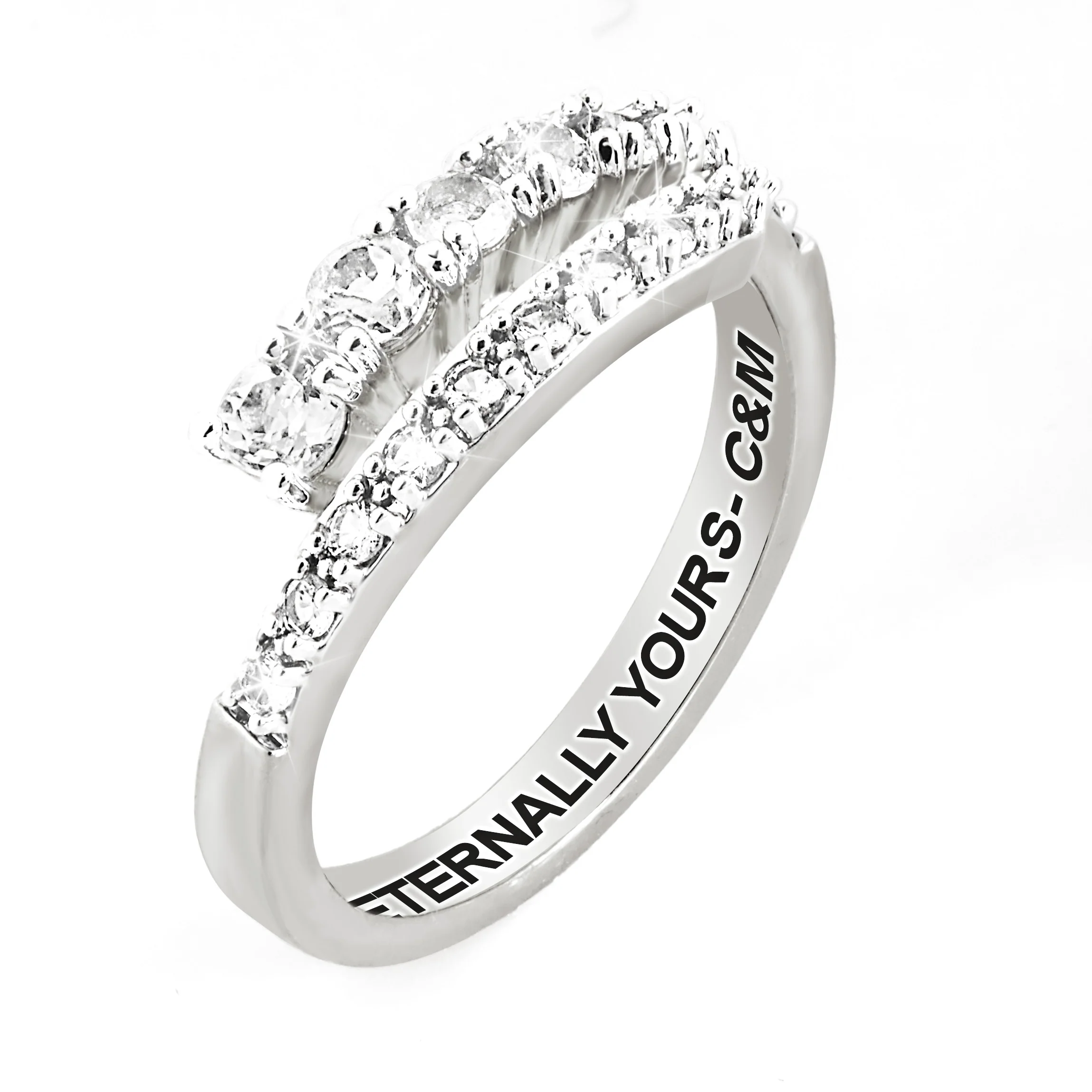 Platinum over Sterling Silver Engraved White Topaz Bypass Ring - Image 3