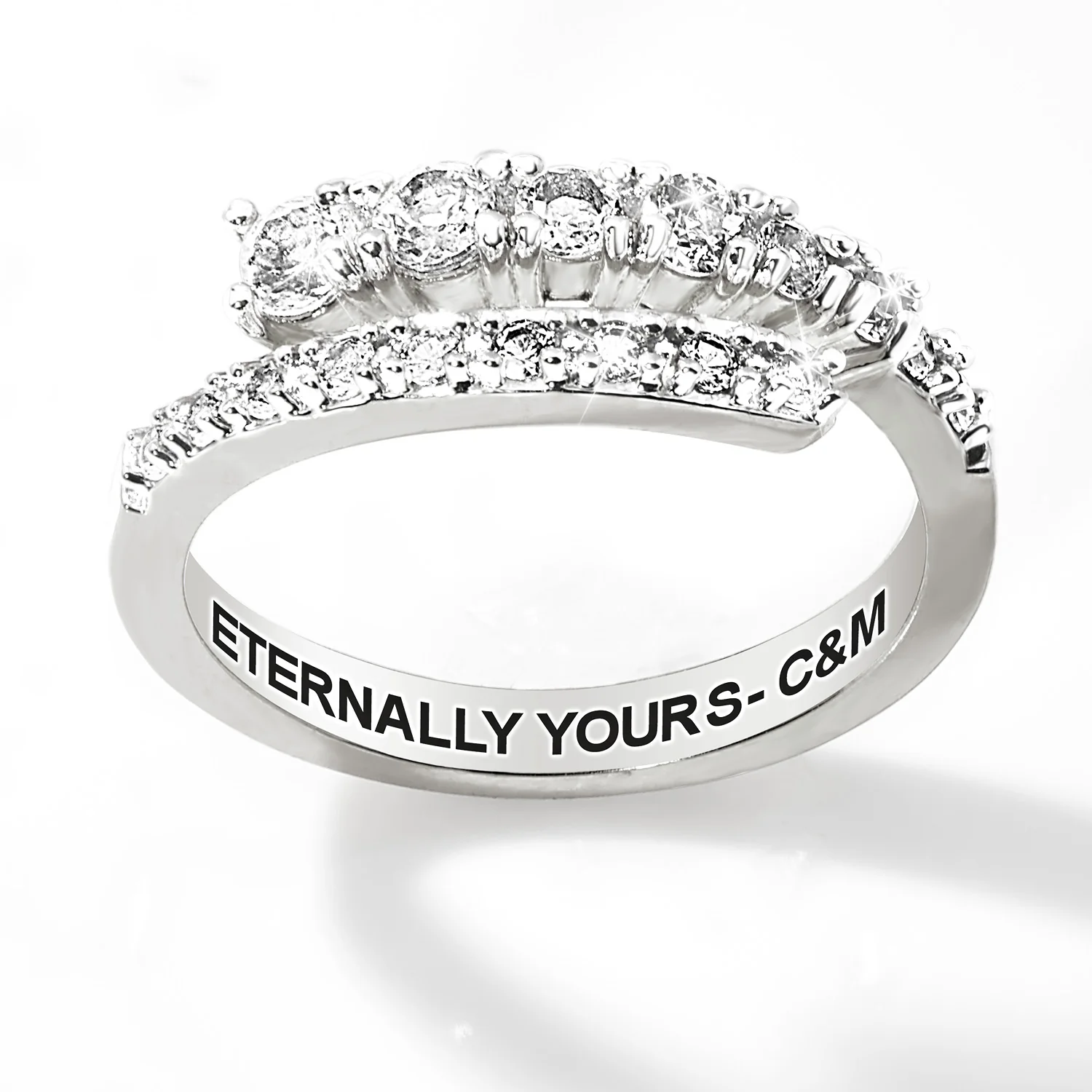 Platinum over Sterling Silver Engraved White Topaz Bypass Ring - Image 4