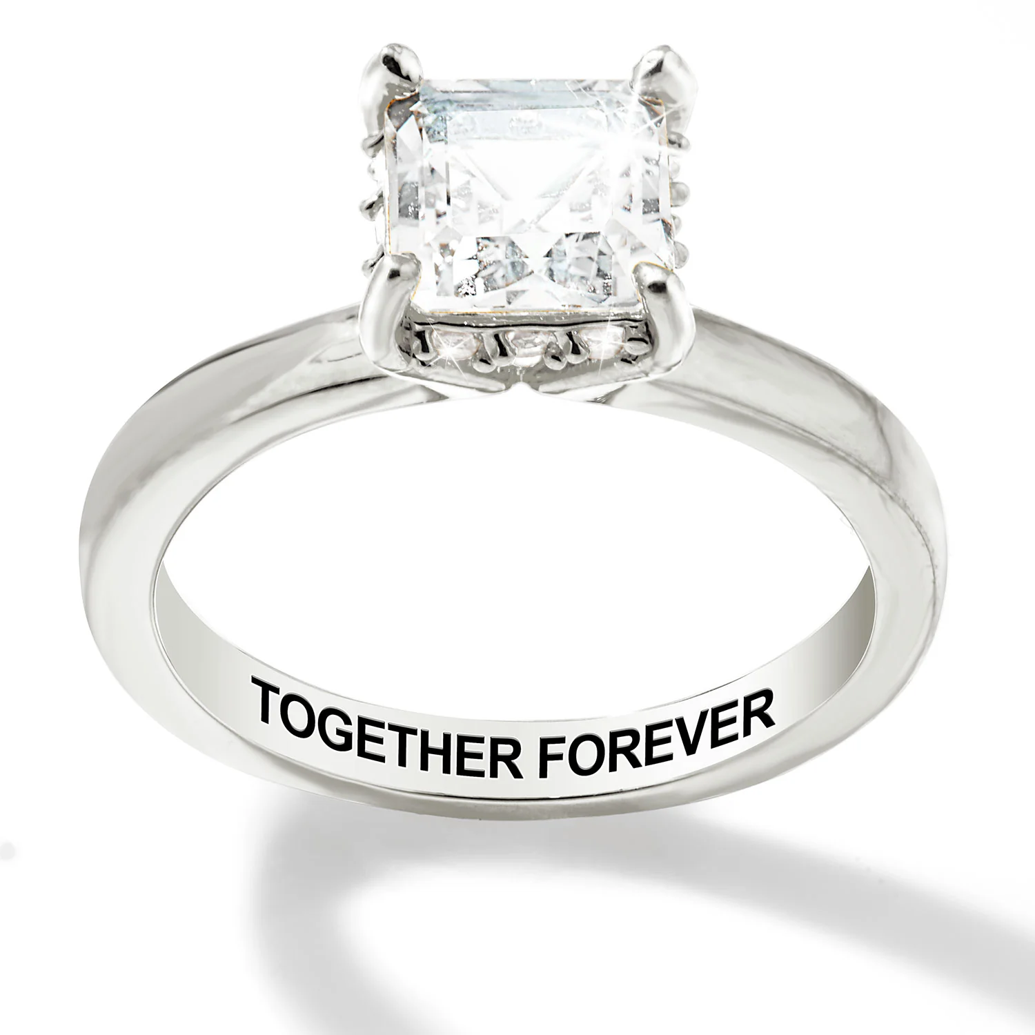 Platinum over Sterling Square Hidden Halo White Topaz Engagement Ring - Image 3