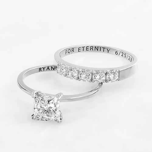 Platinum over Sterling Square White Topaz 2-Piece Engraved Wedding Ring Set - Image 4