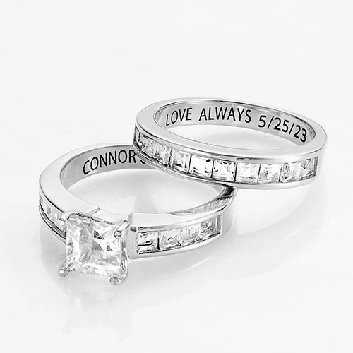 Platinum over Sterling Square White Topaz 2 Piece Engraved Wedding Set - Image 4