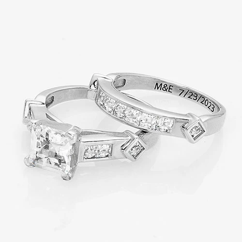 Platinum over Sterling Square White Topaz 2 Piece Engraved Wedding Set - Image 4