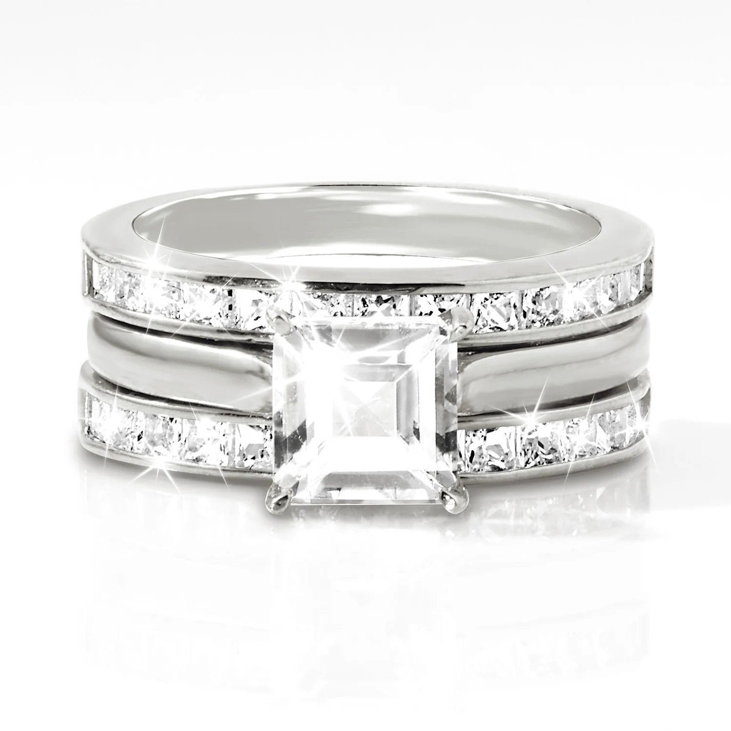 Platinum over Sterling Square White Topaz Engraved Enhancer Engagement Ring Set
