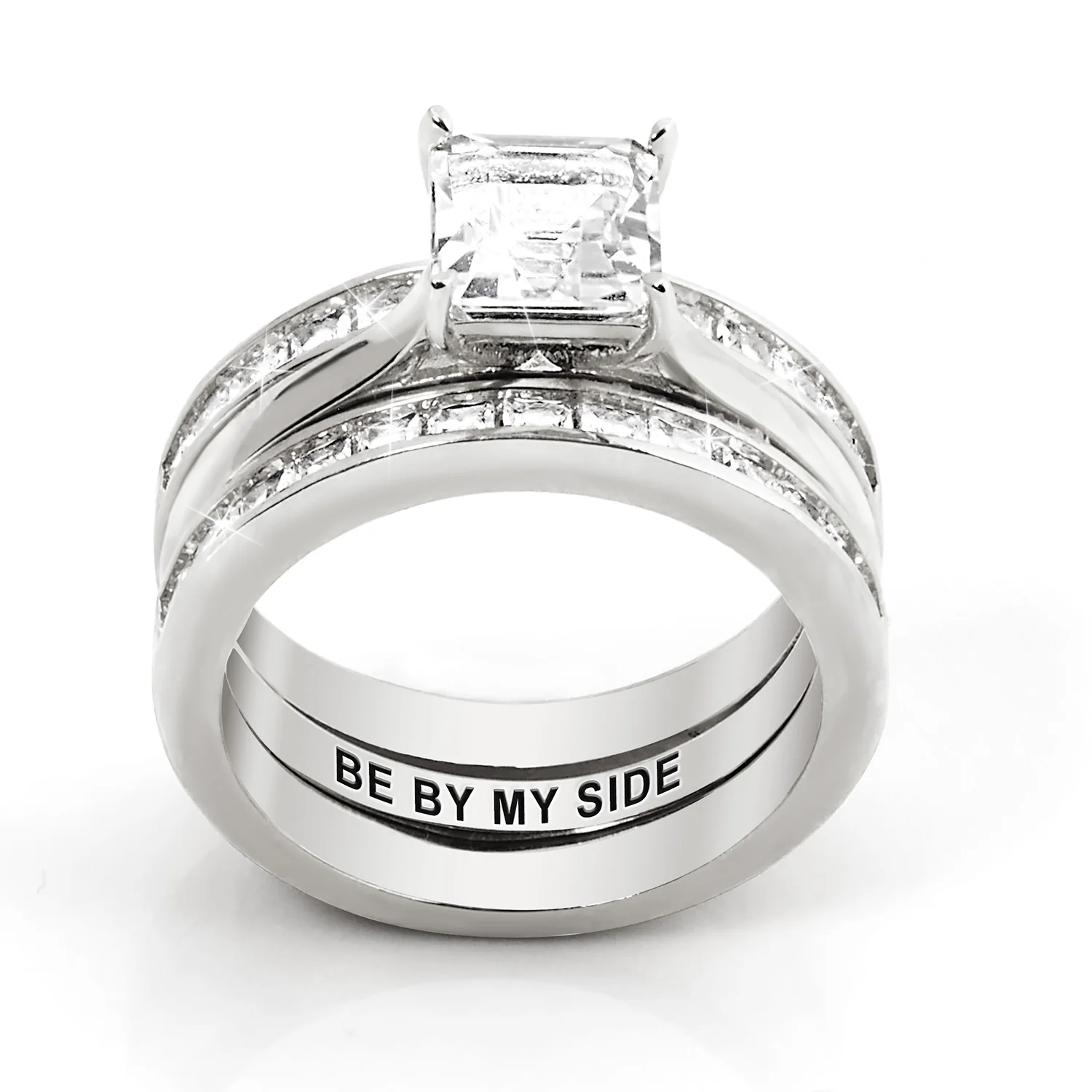 Platinum over Sterling Square White Topaz Engraved Enhancer Engagement Ring Set - Image 3
