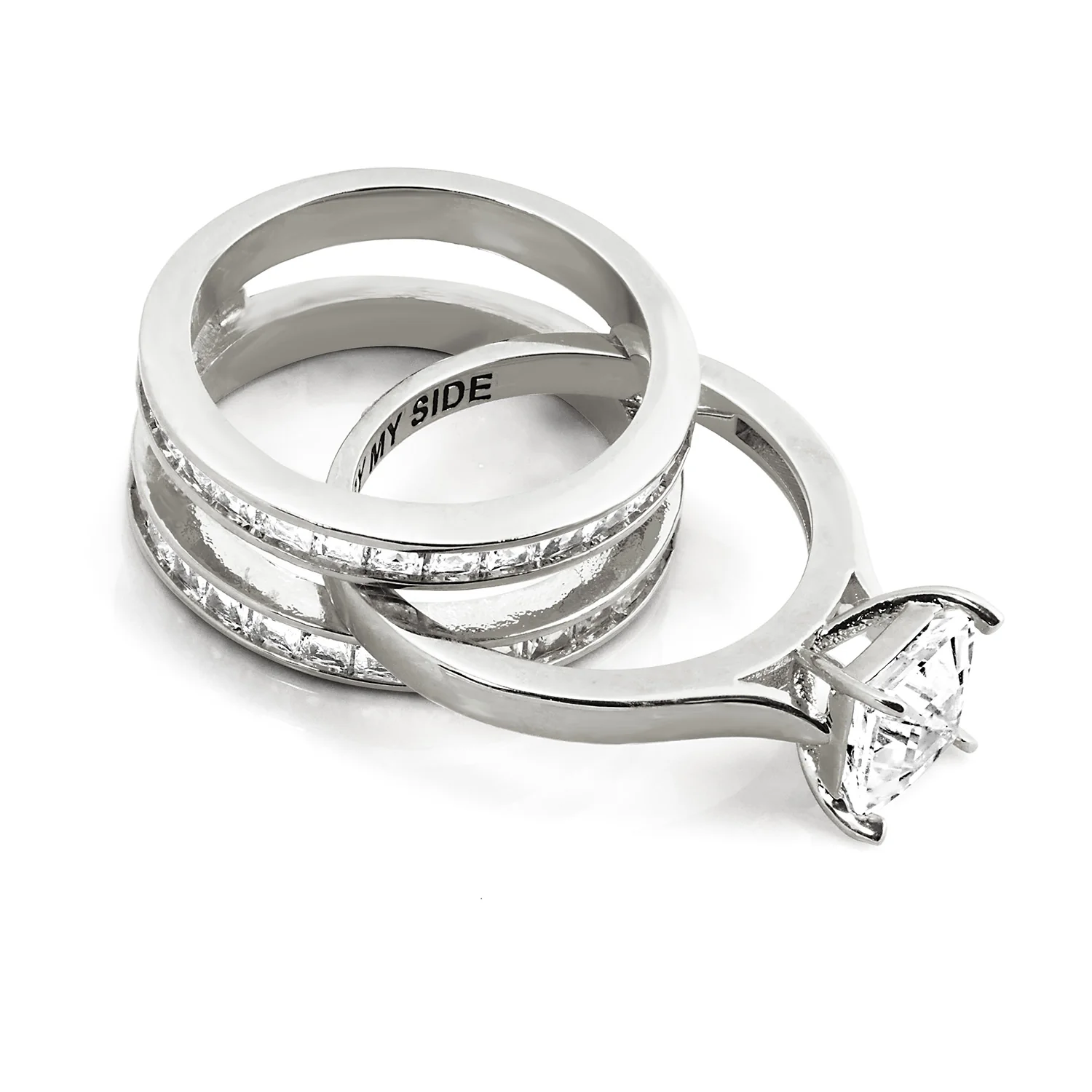 Platinum over Sterling Square White Topaz Engraved Enhancer Engagement Ring Set - Image 7