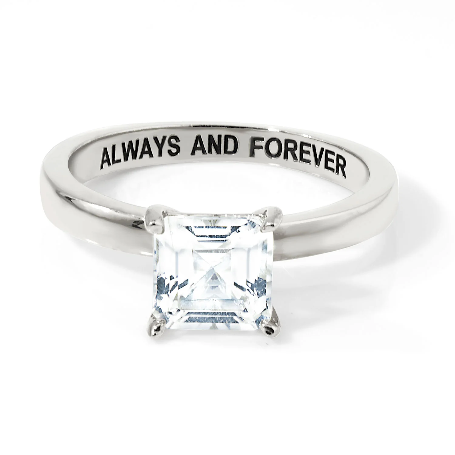 Platinum over Sterling Square White Topaz Hidden Messages Birthstone Ring