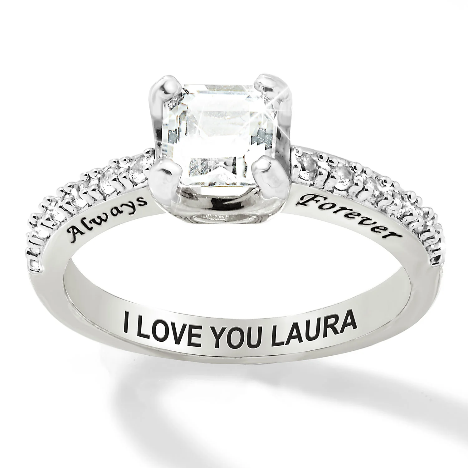 Platinum over Sterling Square White Topaz Open Heart Engraved Wedding Ring - Image 3