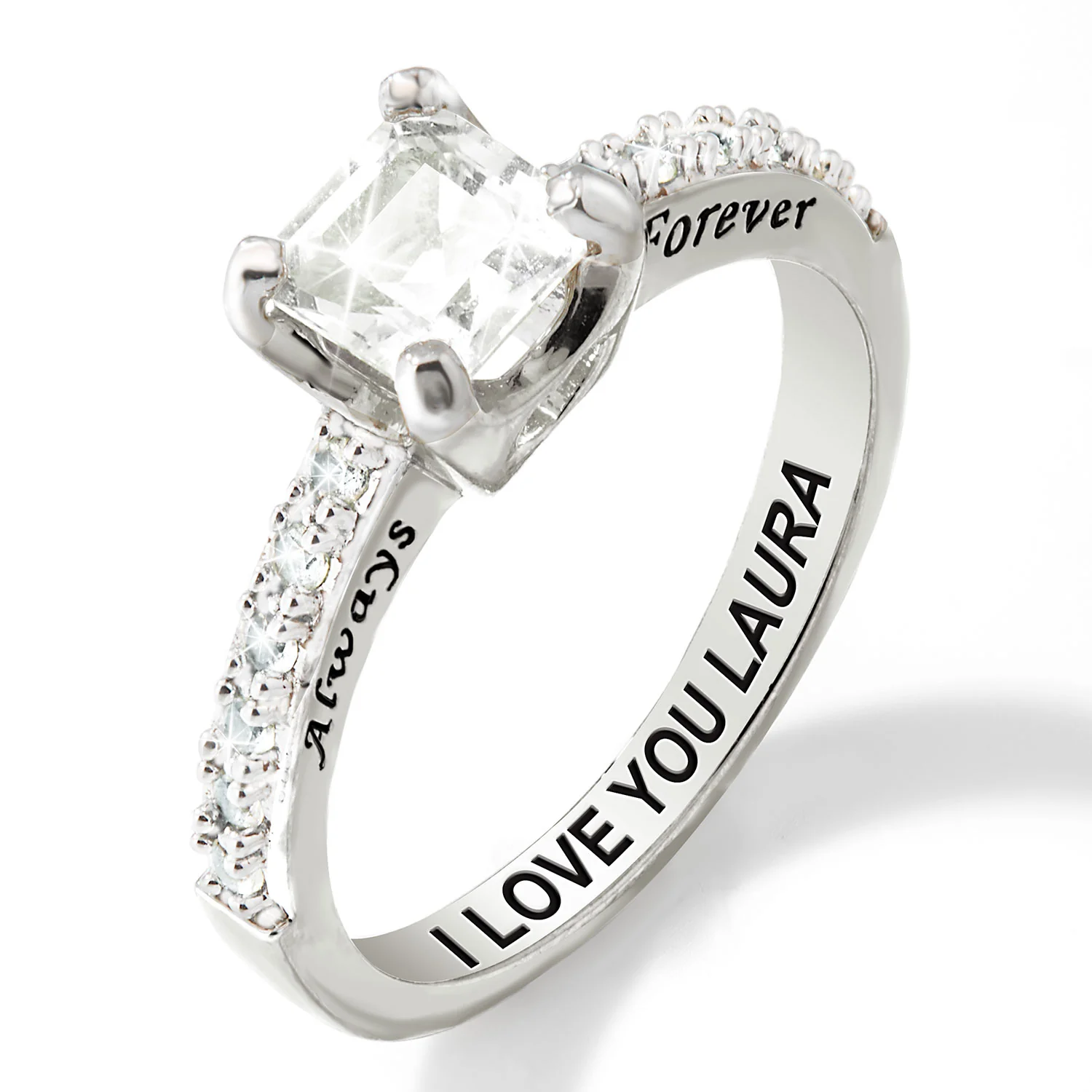 Platinum over Sterling Square White Topaz Open Heart Engraved Wedding Ring - Image 4