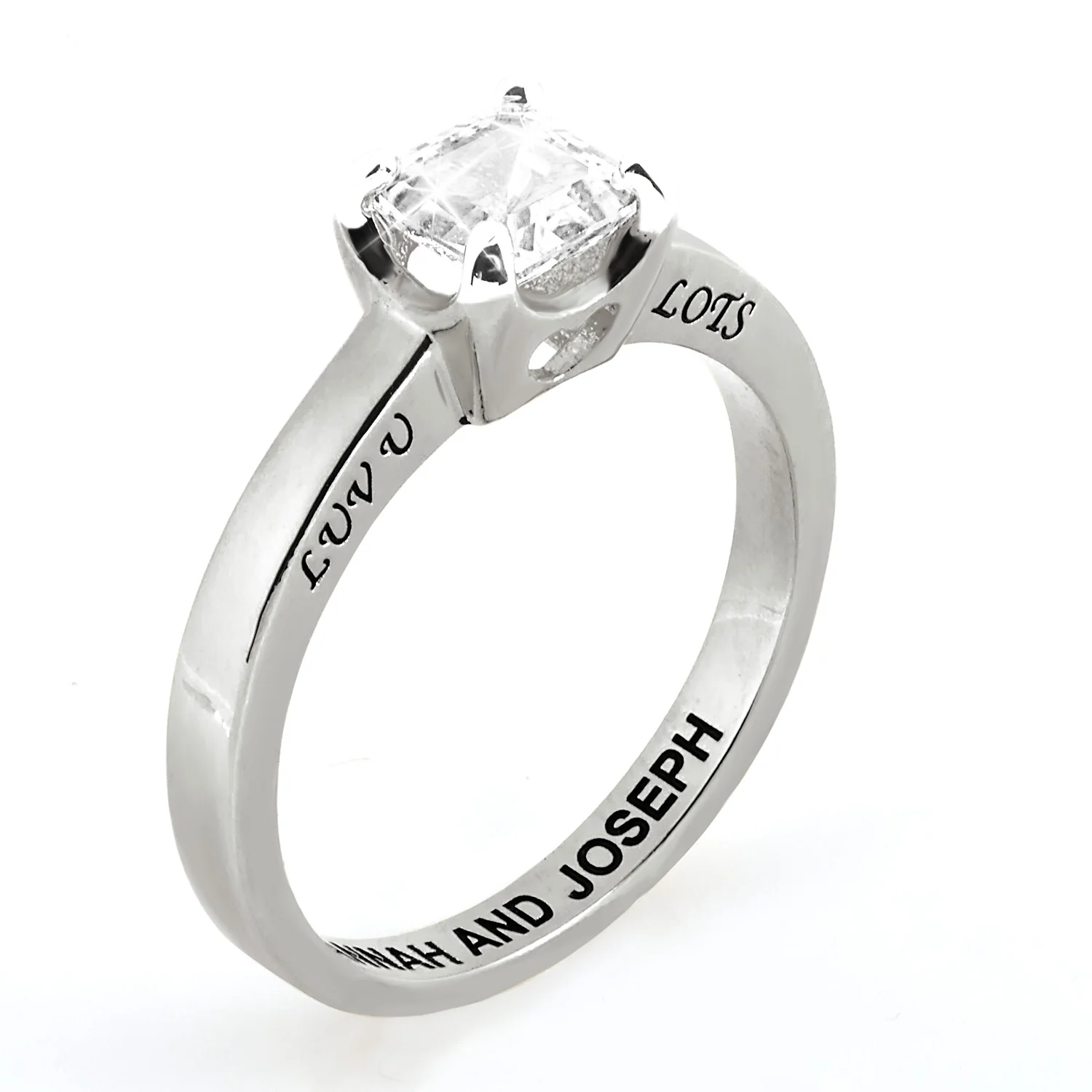Platinum over Sterling Square White Topaz Solitaire Open Heart Engraved Wedding Ring - Image 3