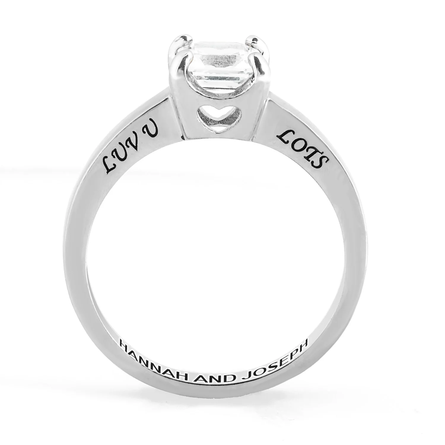 Platinum over Sterling Square White Topaz Solitaire Open Heart Engraved Wedding Ring - Image 4
