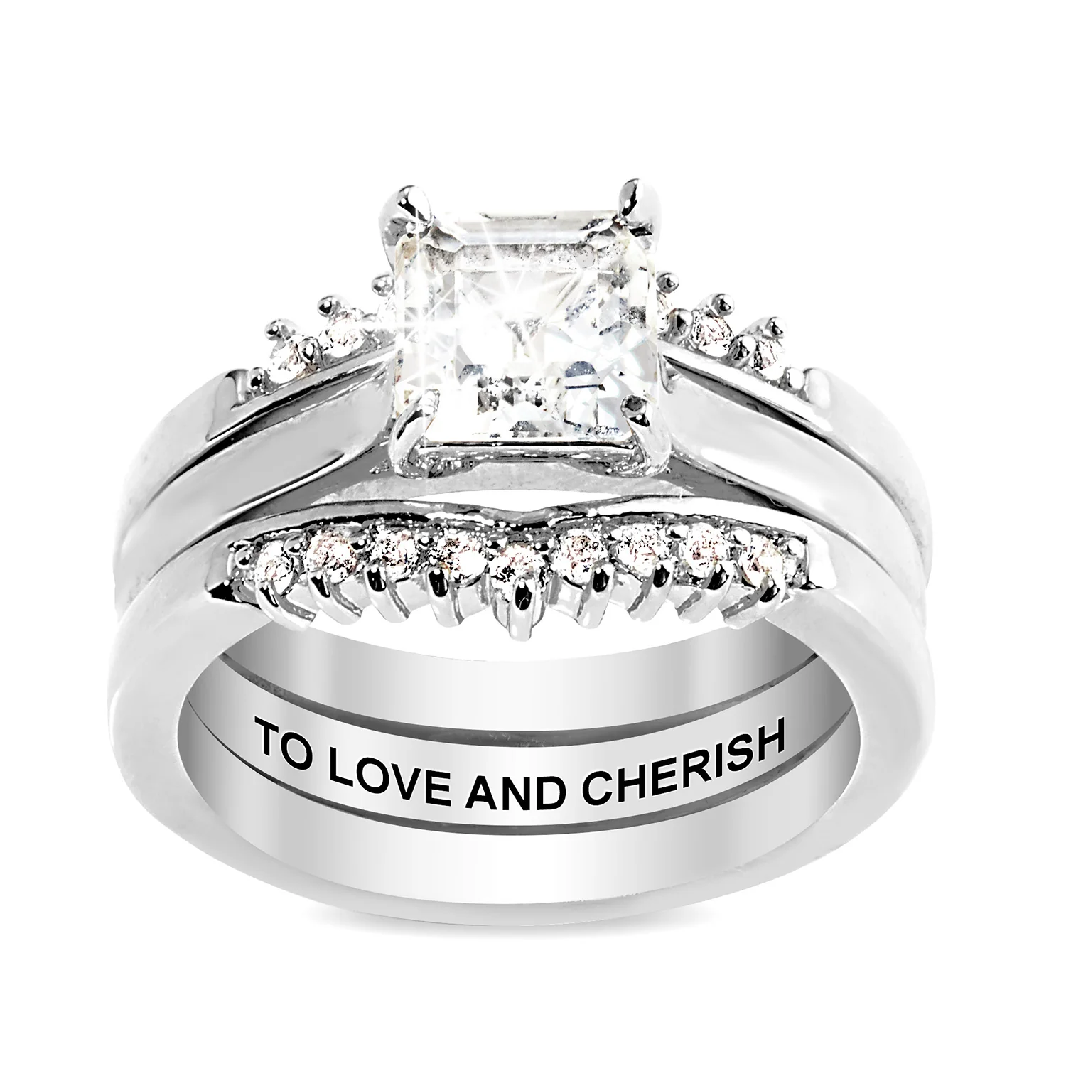 Platinum over Sterling Square White Topaz Solitaire with Enhancer Engraved Engagement Ring Set - Image 3