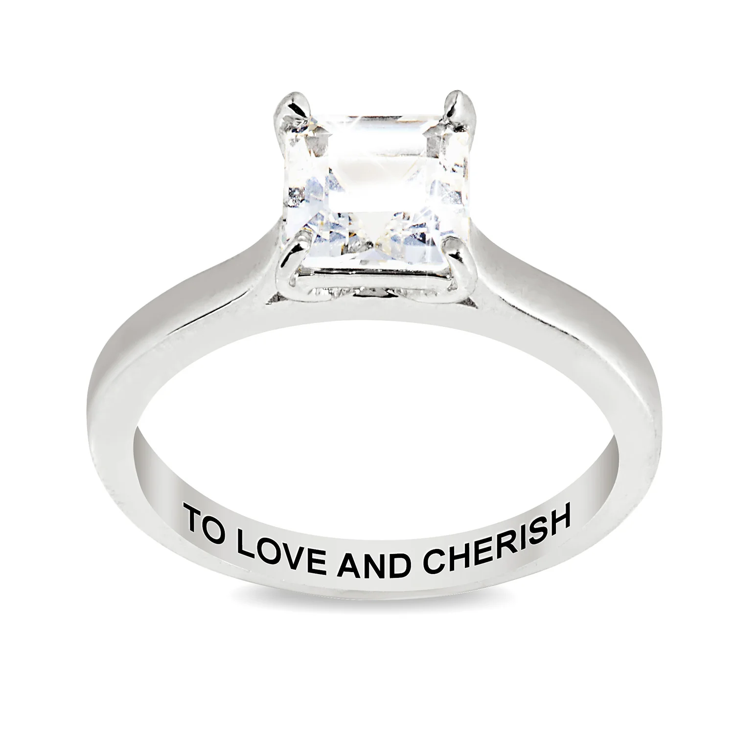 Platinum over Sterling Square White Topaz Solitaire with Enhancer Engraved Engagement Ring Set - Image 5