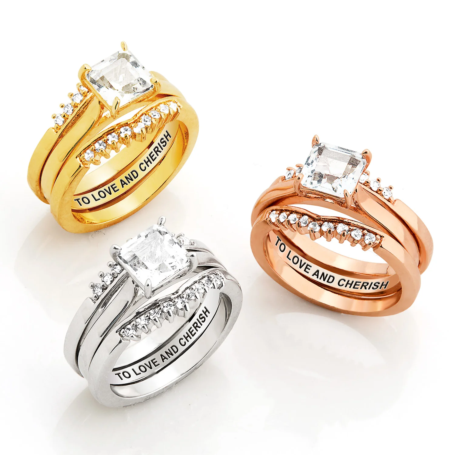Platinum over Sterling Square White Topaz Solitaire with Enhancer Engraved Engagement Ring Set - Image 8