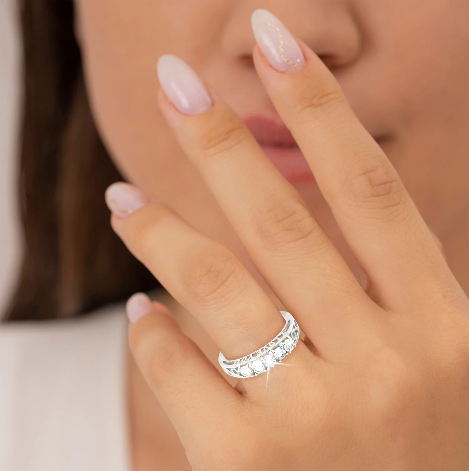 Platinum over Sterling White Topaz I LOVE YOU Hidden Message Band Ring - Image 2