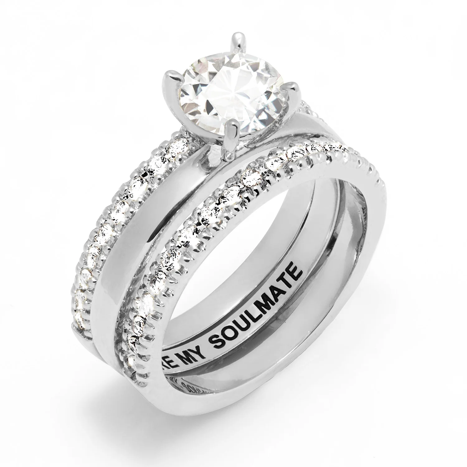 Platinum over Sterling White Topaz Solitaire with Enhancer Engraved Engagement Ring Set - Image 3