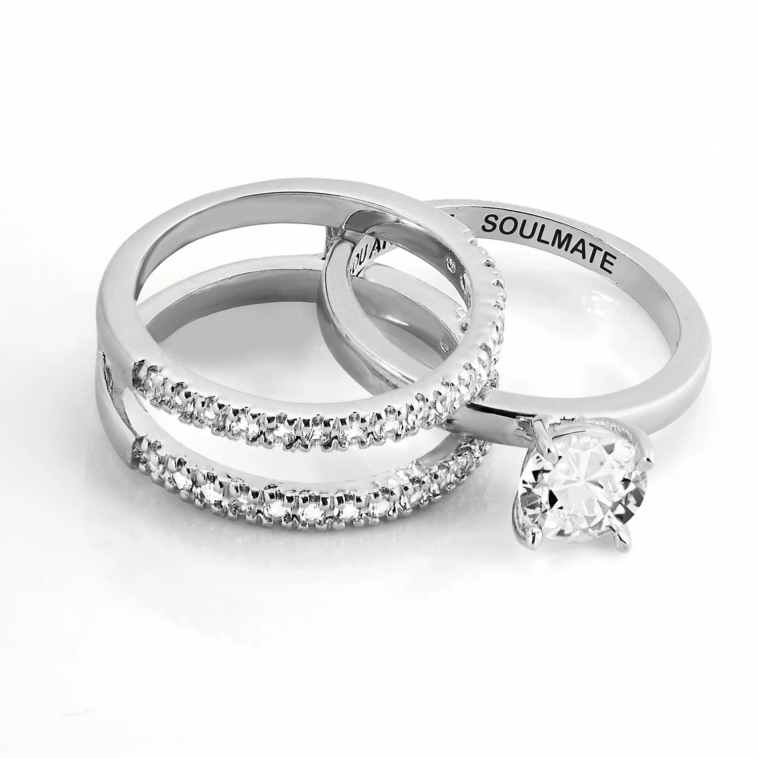 Platinum over Sterling White Topaz Solitaire with Enhancer Engraved Engagement Ring Set - Image 7