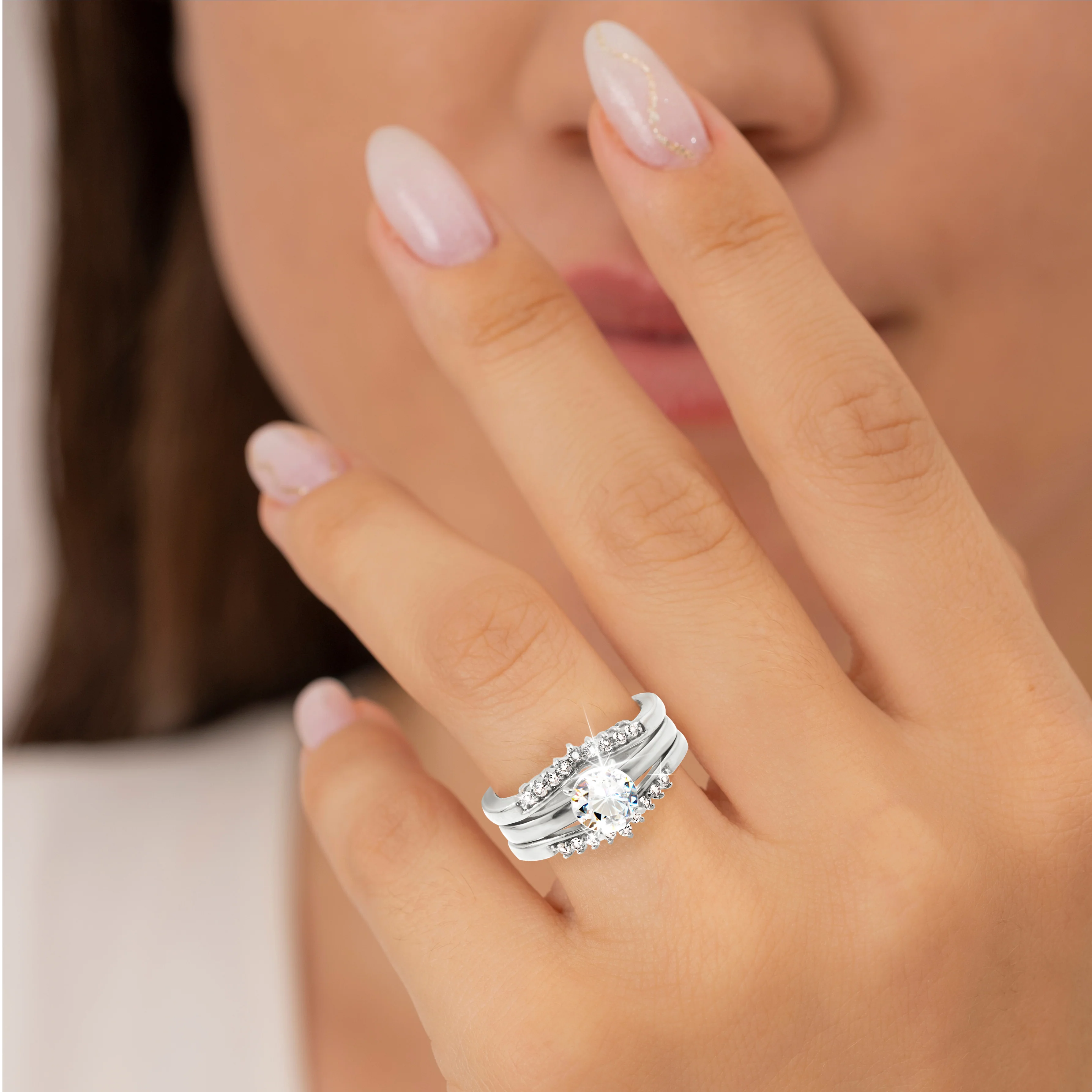 Platinum over Sterling White Topaz Solitaire with Enhancer Engraved Engagement Ring Set - Image 2