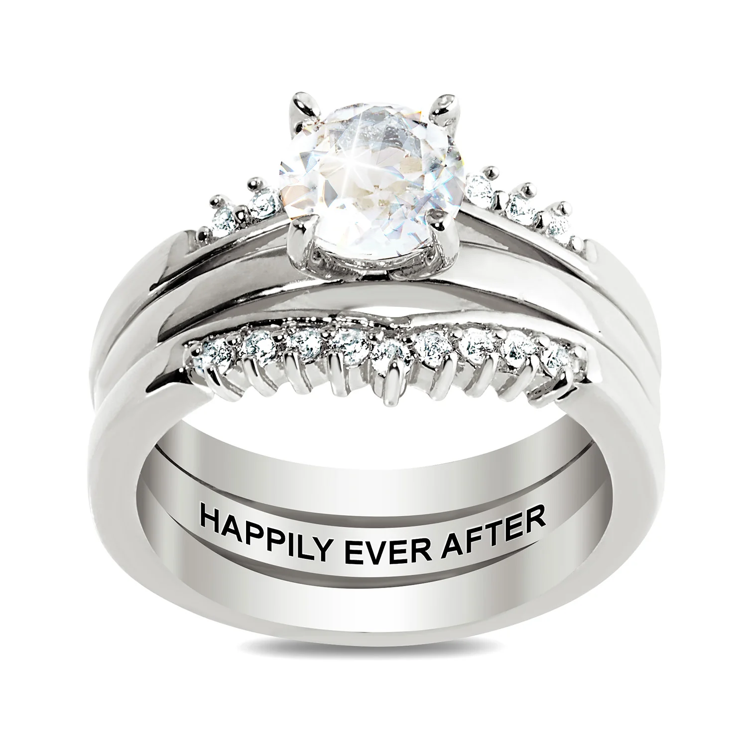 Platinum over Sterling White Topaz Solitaire with Enhancer Engraved Engagement Ring Set - Image 3